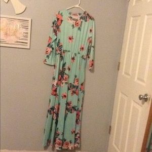 Mint green maxi dress with floral pattern